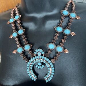 Sold Copper & Simulated Turquoise Statement Squash Blossom Necklace Southwestern